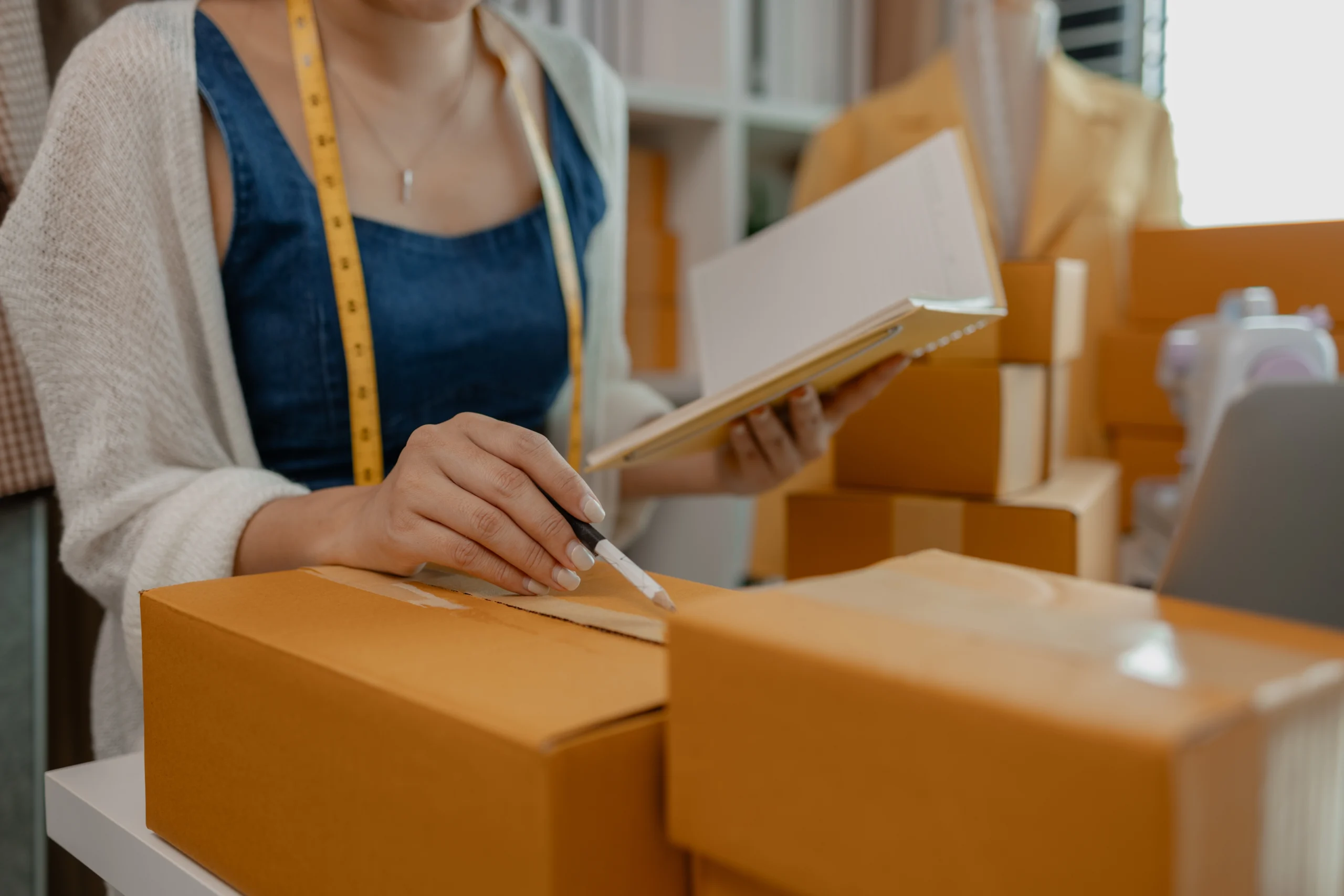 Woman organizing and labeling boxes while preparing books using the Best Way to Pack Books for Moving.