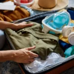 Close-up of hands putting a folded, olive-green shirt into a packed, open suitcase containing a snorkel mask, white headphones, and other summer clothes.