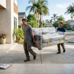 Two professional movers carrying a protective-wrapped sofa out of a modern Southern California home toward a parked moving truck.