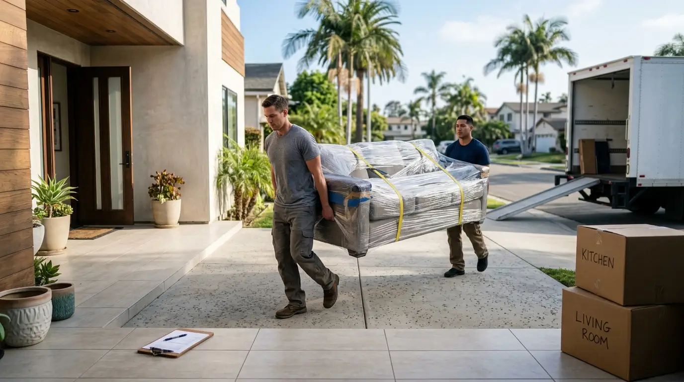 Two professional movers carrying a protective-wrapped sofa out of a modern Southern California home toward a parked moving truck.